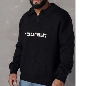 YoungLA Mens 508 Knit Polo Sweater Black XXL Long Sleeve Cyber Logo YLA2545